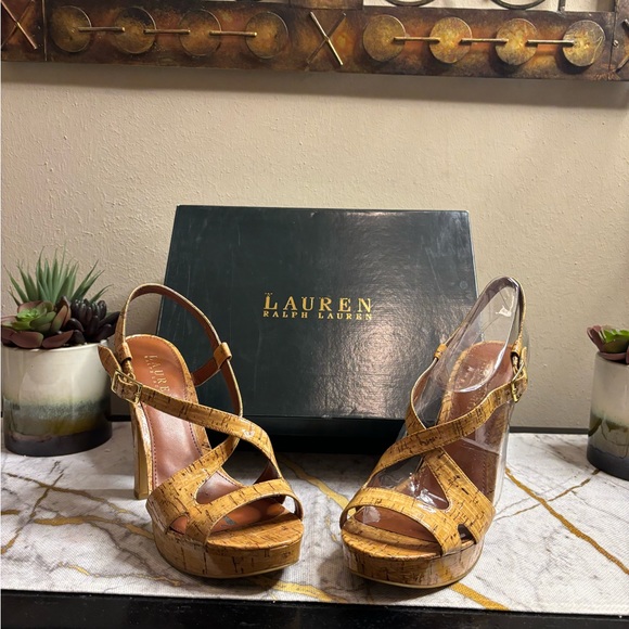 Ralph Lauren tan cork coated platform sandals; very nice and easy to walk in - Picture 9 of 10